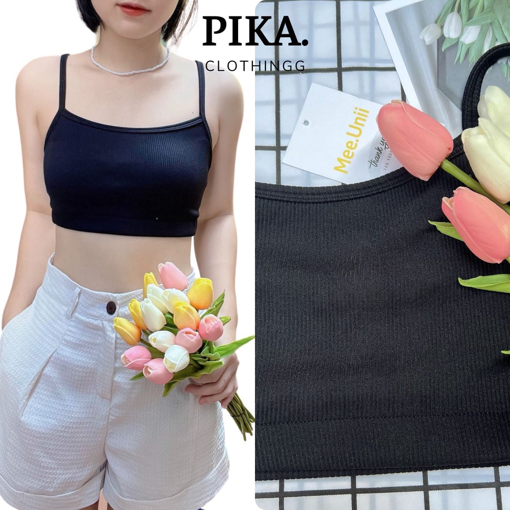 Áo hai dây croptop nữ PIKA.CLOTHINGG len gân co dãn sexy, áo 2 dây bo chun tiện lợi trắng đen xanh lá