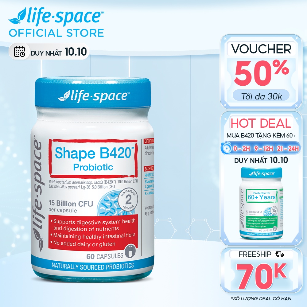 Men vi sinh Úc hỗ trợ tiêu hóa và kiểm soát cân nặng Life Space Shape B420 Probiotic 60 viên - Hàng chính hãng