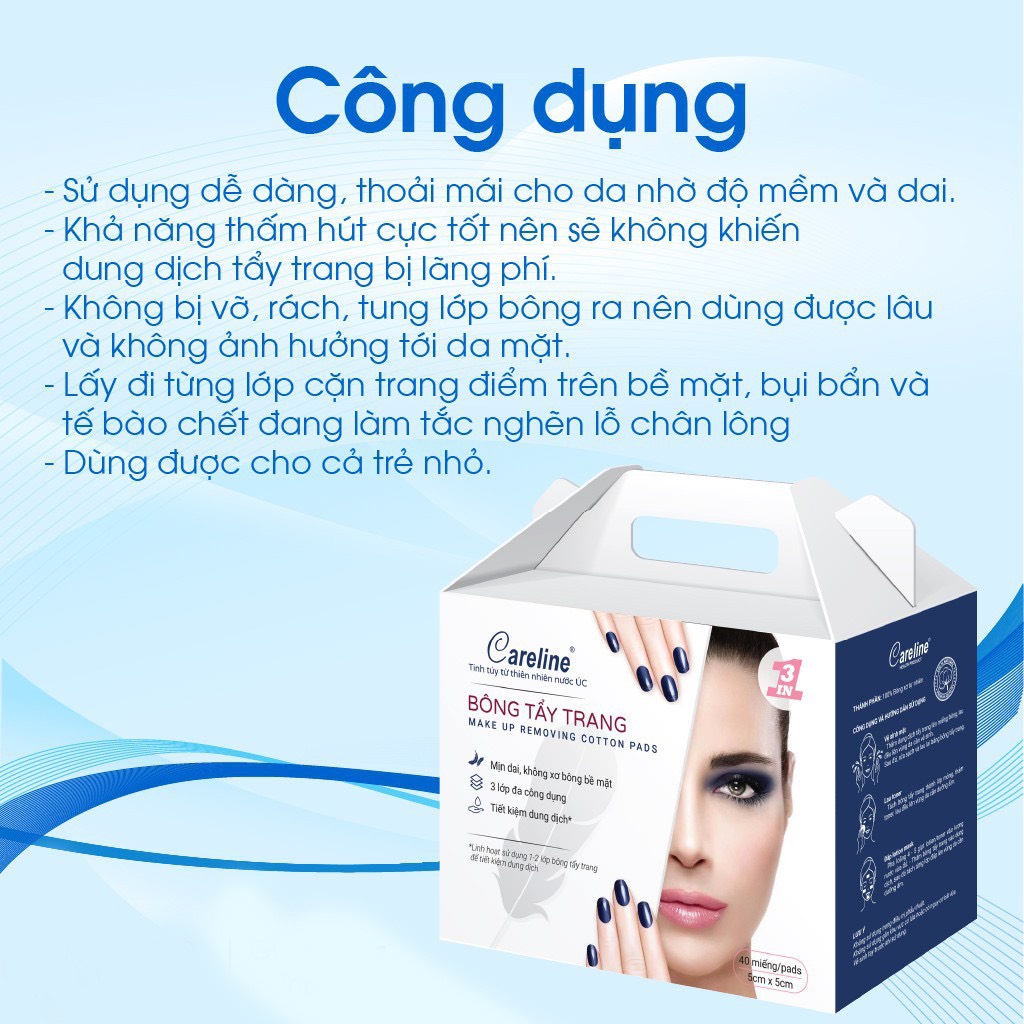 Bông Tẩy Trang CARELINE Cotton Mịn Dai, An Toàn Cho Da 40 Miếng
