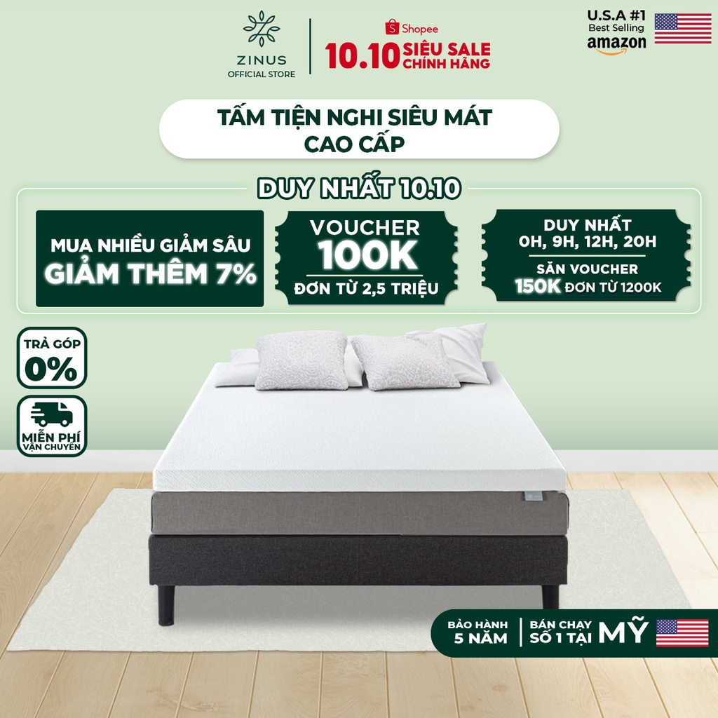 Topper Zinus Memory Foam Siêu Mát Bọc Vải Giảm Nhiệt - 2 Inch Ultra Cool Gel Memory Foam Mattress Topper