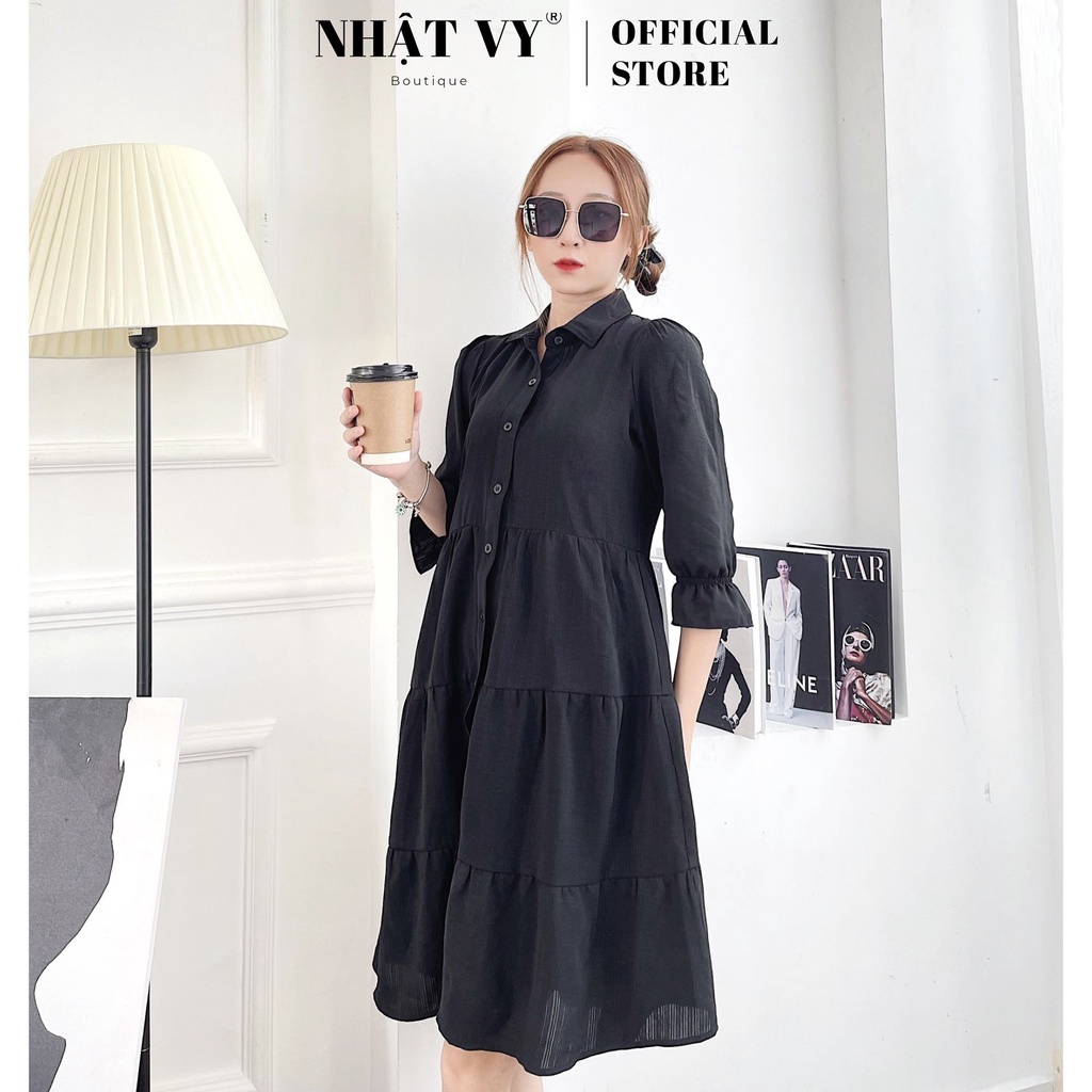 Đầm sơ mi babydoll tầng Nhật Vy tay dài phối cúc chất xô thun phù hợp công sở đi chơi dạo phố sang chảnh - D2352