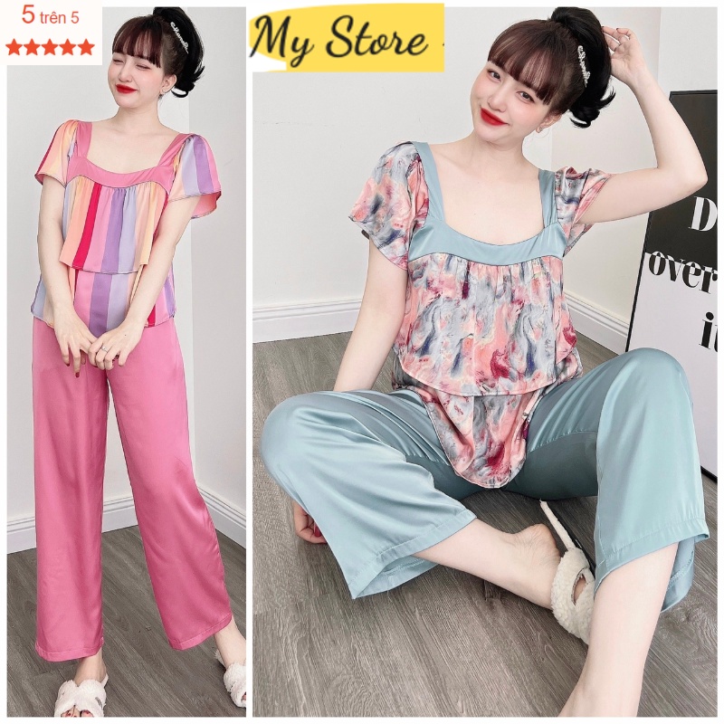 Đồ bộ Pijama, đồ ngủ cao cấp lụa latin tay ngắn quần dài dễ thương, freesize dưới 62kg MY STORE