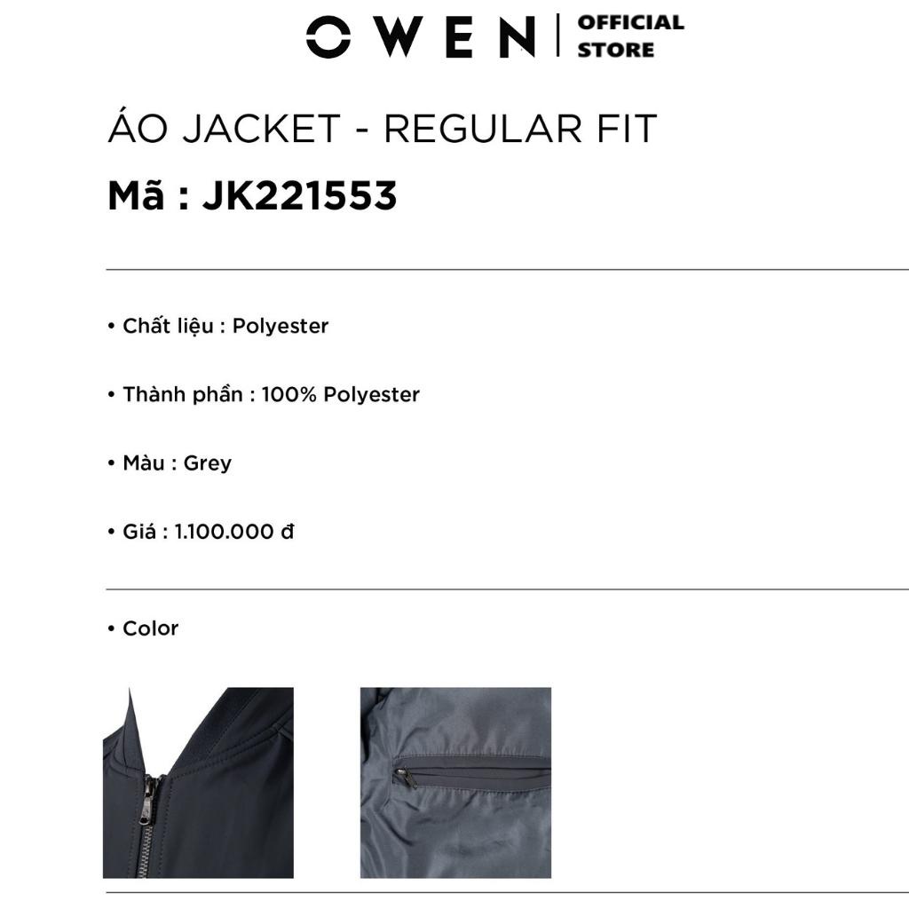 Áo khoác bomber nam Owen JK221553 jacket nhẹ 2 lớp màu xám đậm trơn vải polyester cao cấp dáng suông bo cổ tay và gấu