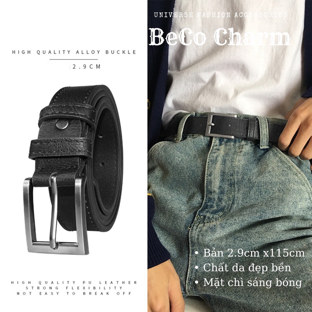 Thắt lưng nam nữ Hàn Quốc đơn giản mặt vuông BUCKLE Unisex da đẹp BeCo Dây nịt lưng thời trang Hàn Quốc bản 2.8cm Da Sần
