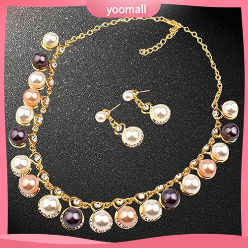 Bộ Vòng cổ + Bông Tai Đính Đá &amp; Ngọc Trai Nhân Tạo Cho Nữ