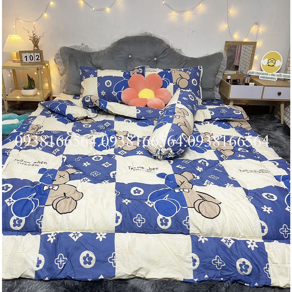 TRỌN BỘ COTTON POLY 5 MÓN CHĂN PHAO DÀY DẶN HÀNG VN HỌA TIẾT BEARBRICK XANH - ĐỦ KÍCH THƯỚC