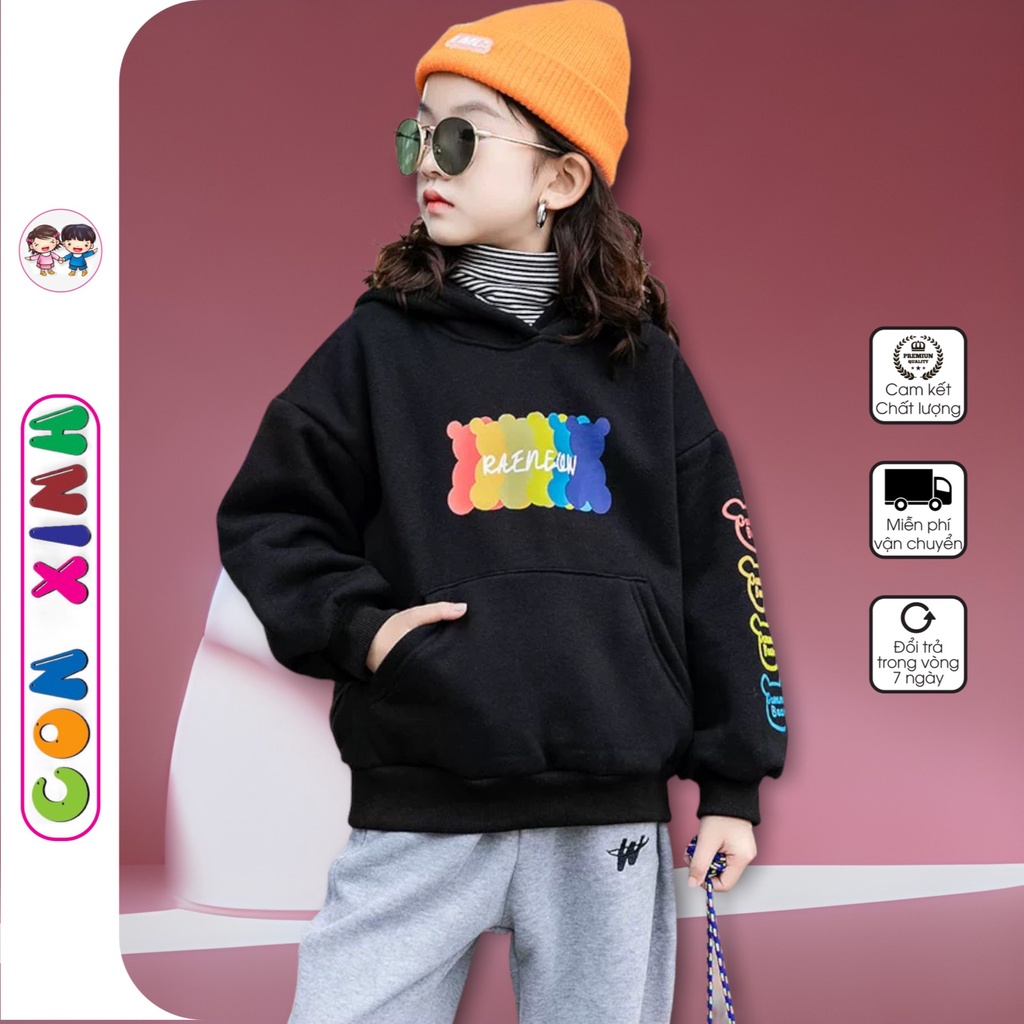 Áo hoodie Uniex ConXinh phom rộng nỉ bé trai,bé gái hình in GẤU NEON 7 MÀU,thời trang thu đông cho bé từ 4 đến 10 tuổi