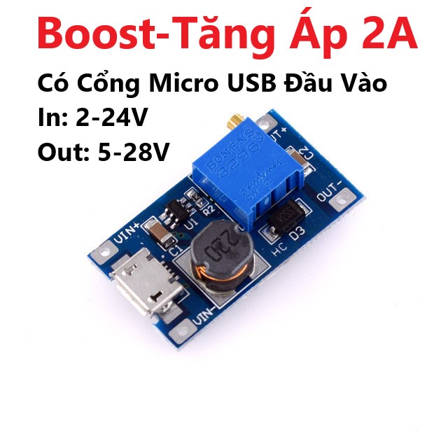Mạch BOOST Tăng Áp DC-DC MT3608 2A Điện Áp Vào 2V-24V Cho Ra 5V-28V