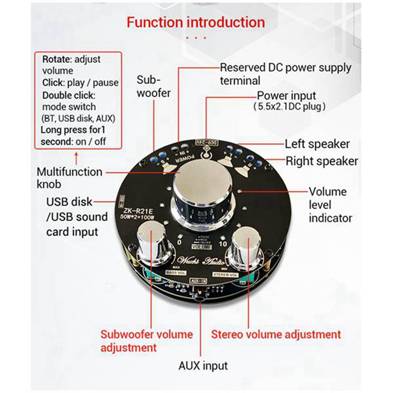 Bảng Mạch Khuếch Đại Âm Thanh ZK-R21E 2.1 Kênh 2X50W + 100W Chuyên Dụng