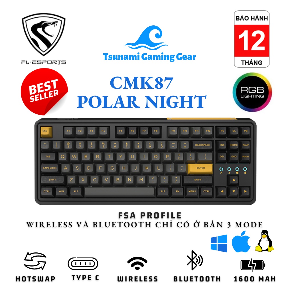 Bàn phím cơ/ Kit phím cơ FL-Esports CMK87 Polar Night Black RGB/ Hotswap/ chính hãng BH 12 tháng