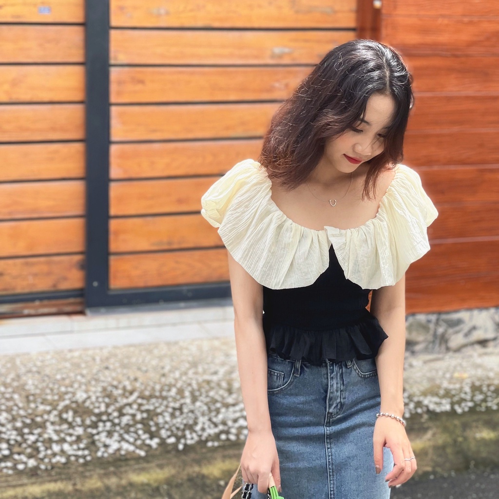 (HÀNG SẴN - HÌNH THẬT) Áo bẹt vai phối cổ voan xinh xắn - Áo croptop mặc được 2 kiểu