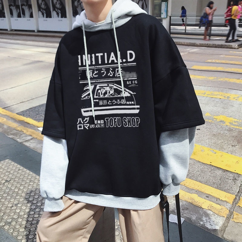Áo Hoodie Giả Hai Lớp Lót Nhung Dáng Rộng Thời Trang Mùa Đông Cho Nam
