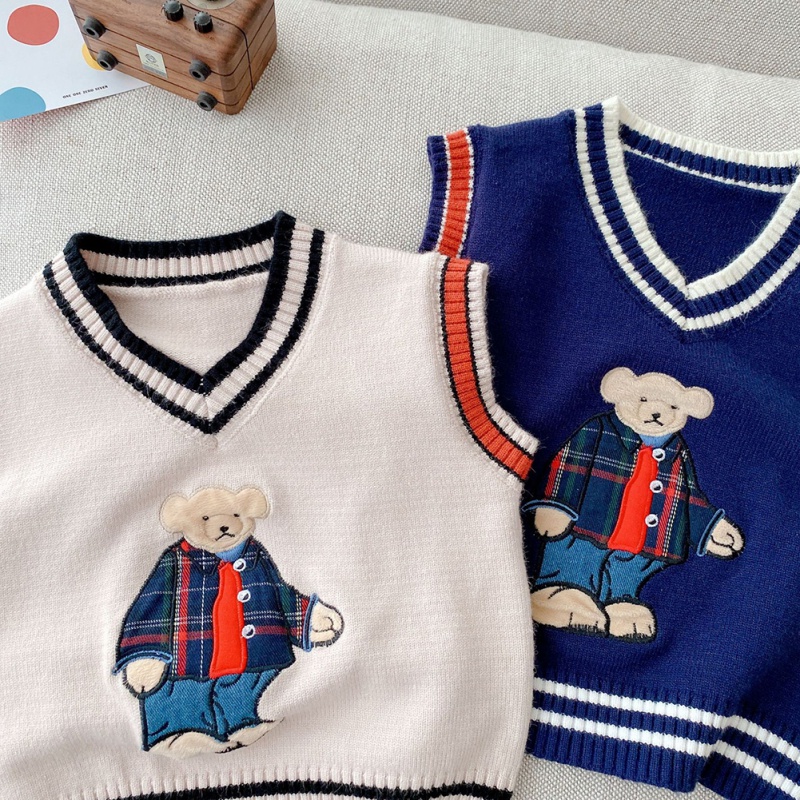 Áo Sweater Dệt Kim Sát Nách In Hình Gấu Hoạt Hình Thời Trang Thu Đông Cho Bé