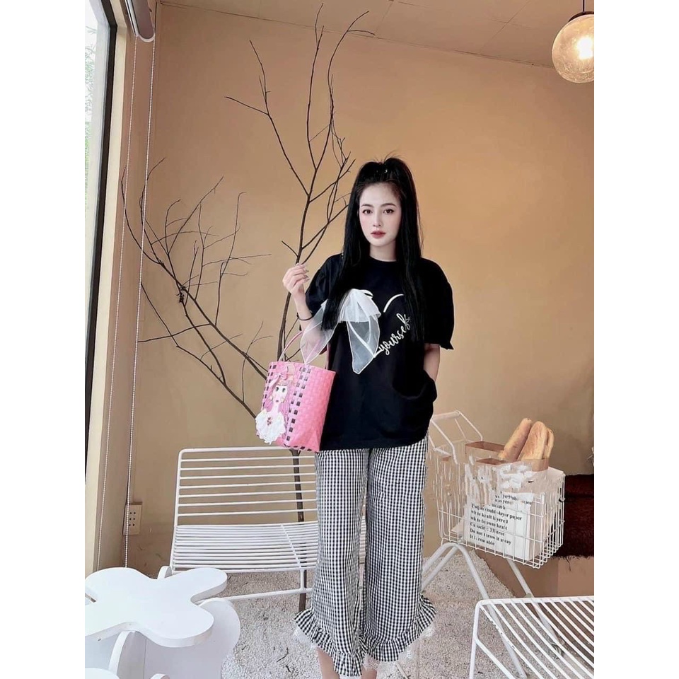 SBKN064: Sét Bộ Áo Nơ Quần Caro Phối Ren, Sét Bộ Đi Chơi Bigsize Quỳnh Anh Từ 50kg Đến 100kg (M/L/XL/XXL)
