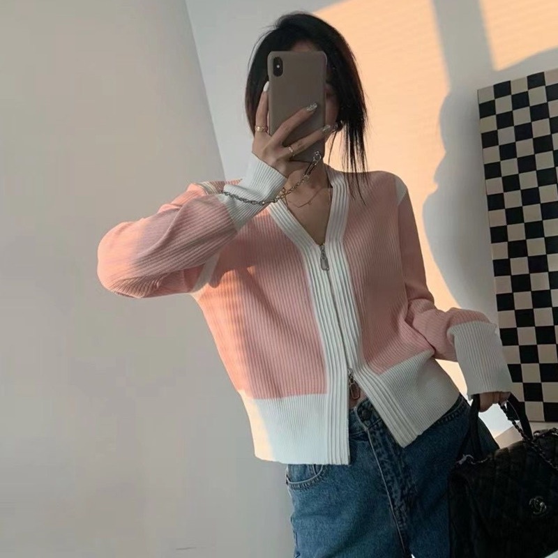 Áo Khoác Dệt Kim Tay Dài Cổ Chữ v Màu Sắc Tương Phản Thời Trang Mùa Thu Cho Nữ