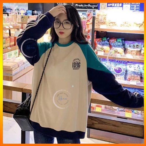 Áo Sweater Nữ Oversize Cổ Tròn Form Rộng Phối Màu Họa Tiết 1886 Năng Động Cá Tính Vải Nỉ Dày Hanva