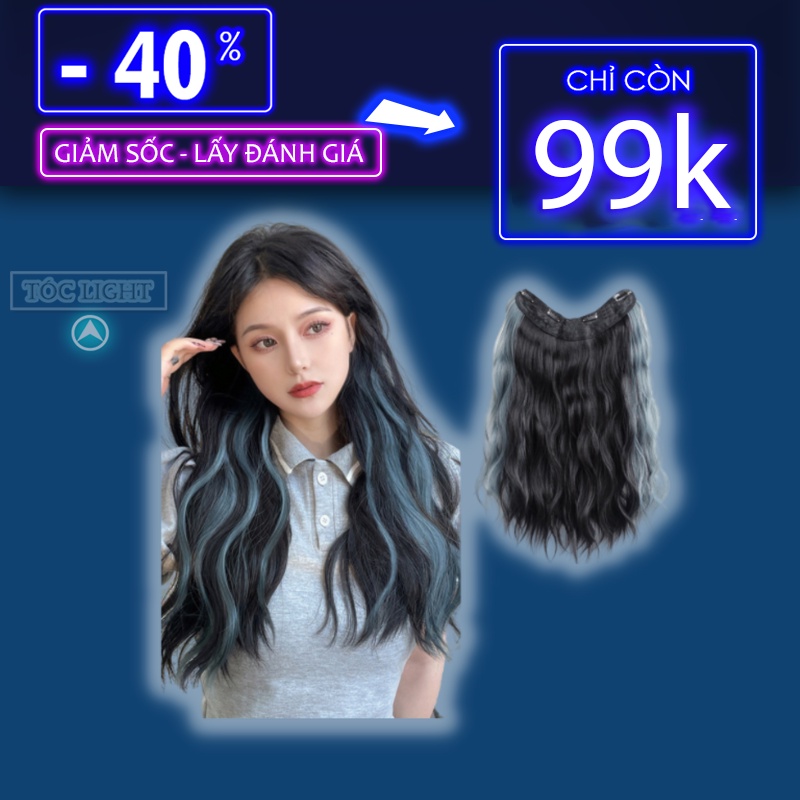 Kẹp tóc giả chữ U highlight làm dày tóc - Tóc giả nửa đầu xoăn gợn sóng dài 60cm hàng cao cấp