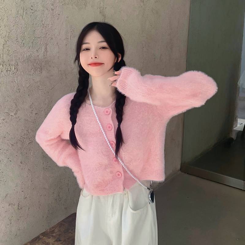 🌻 áo croptop tay dài áo cadigan  áo len kiểu nữ  Áo Khoác Len Cardigan Mềm Dáng Rộng Ngắn Màu Hồng Thời Trang Thu Đông 2021
