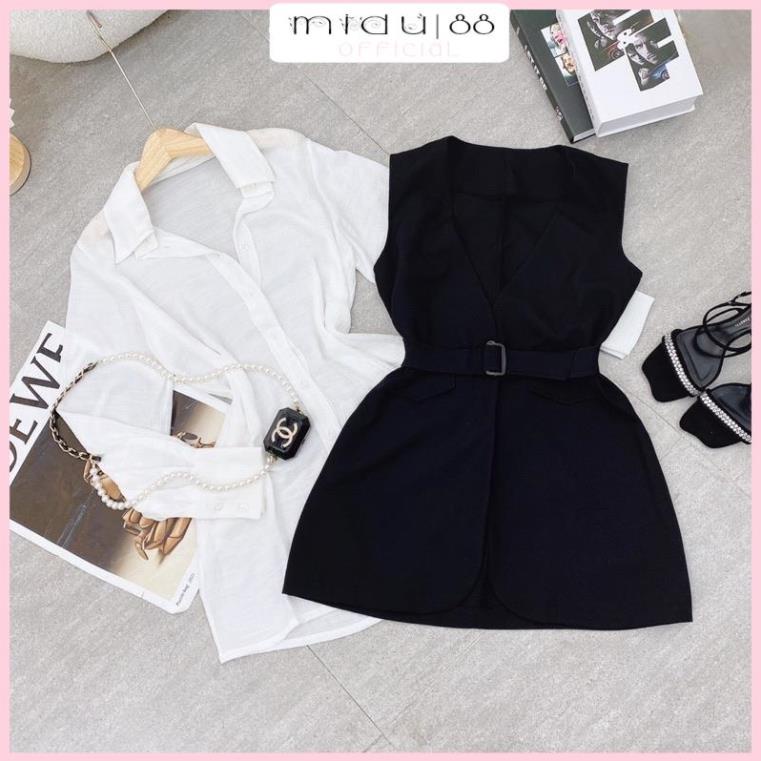 Set đầm sơ mi trắng tay dài kèm ghile dài có belt kèm theo