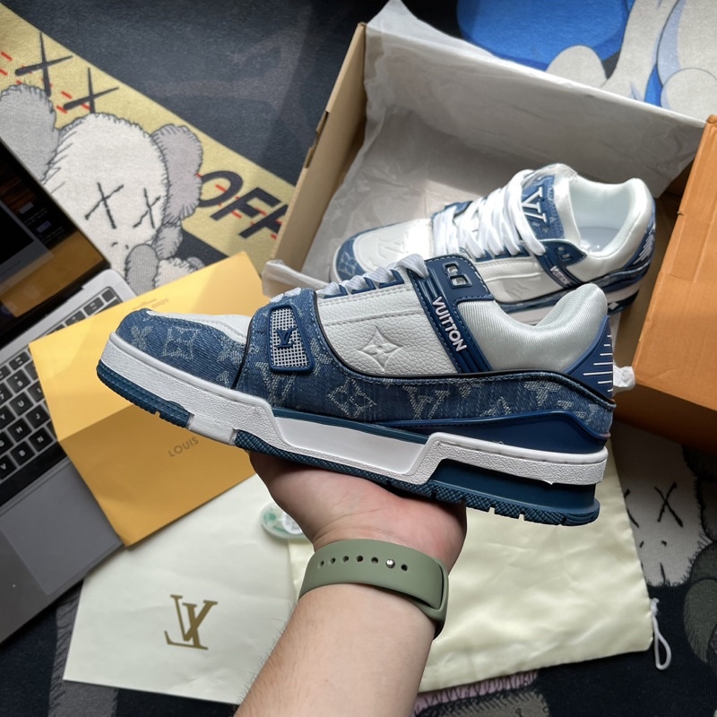 Giày LV trainer màu xanh bò hàng 11 full phụ kiện túi hộp nam/nữ