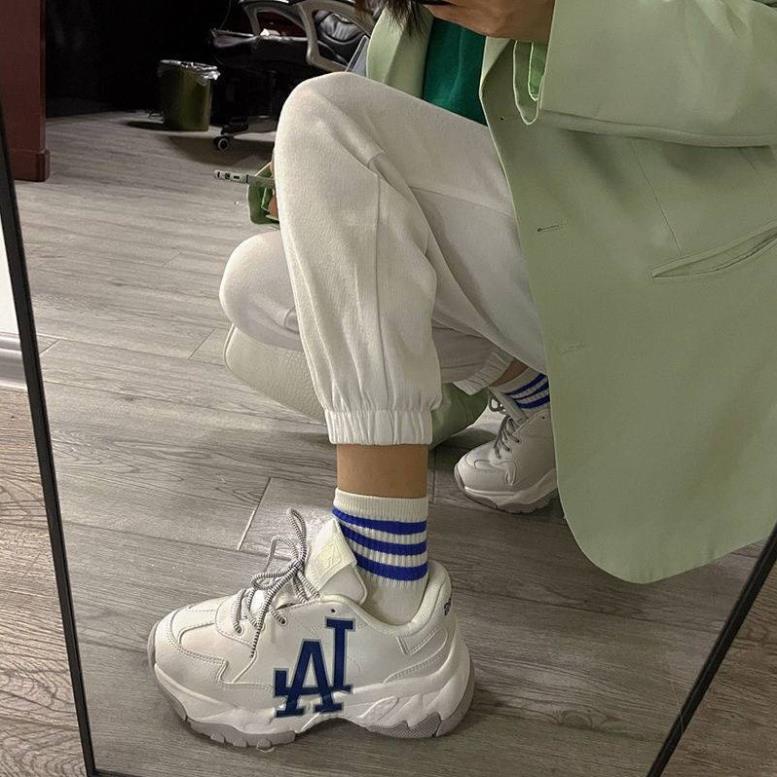 Giày MLB LA chữ xanh rep 1:1 full bill box, Giày Sneaker ulzzang thể thao nam nữ cổ ngắn đế độn 4cm tăng chiều cao N5