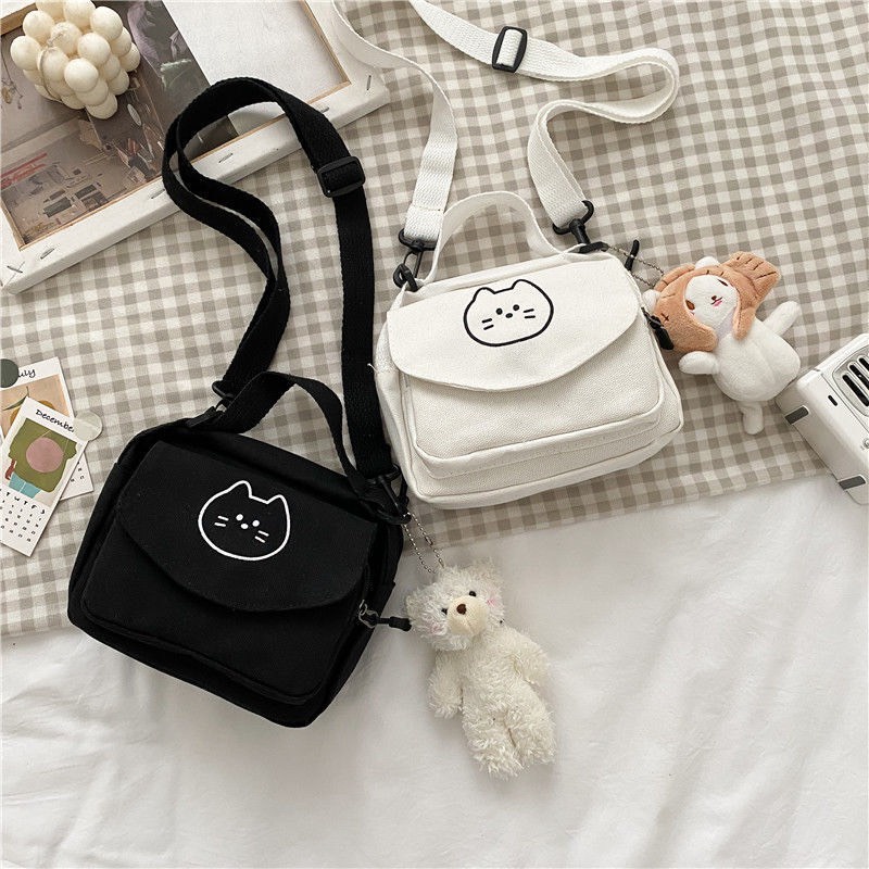 Túi đeo chéo mini hoạ tiết mèo dễ thương dáng vuông chất liệu canvas Phong Cách Hàn Quốc Thời Trang Cho Nữ