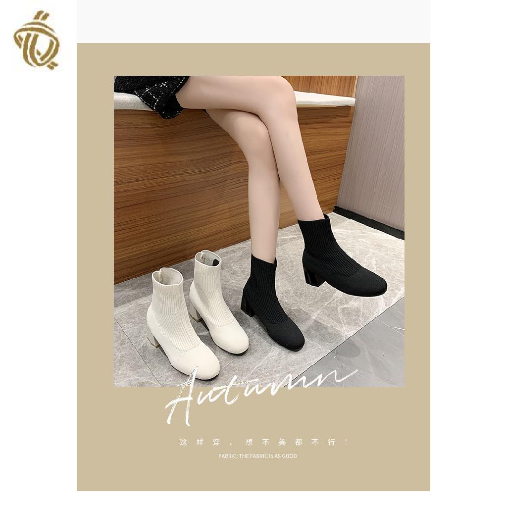 Giày Bốt Gót Dày Mũi Vuông Bằng Len Dệt Kim Mỏng Co Giãn Phong Cách Anh Quốc Thời Trang Thu Đông 2022 Mới