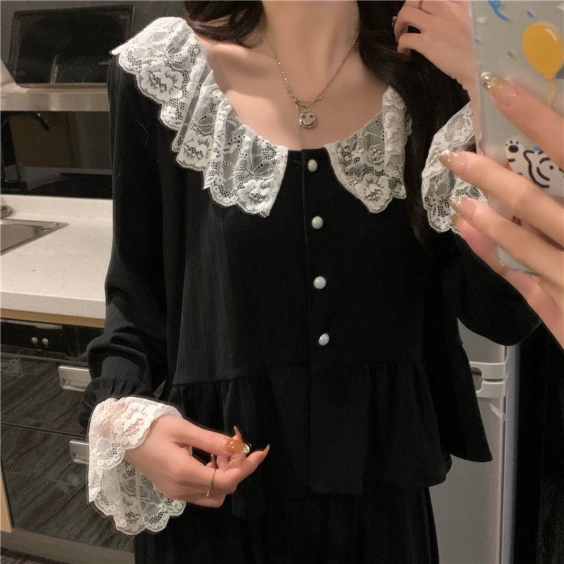 Bộ Đồ Ngủ Tay Dài Cổ Búp Bê Màu Trơn Ngọt Ngào Thời Trang Xuân Thu Cho Nữ