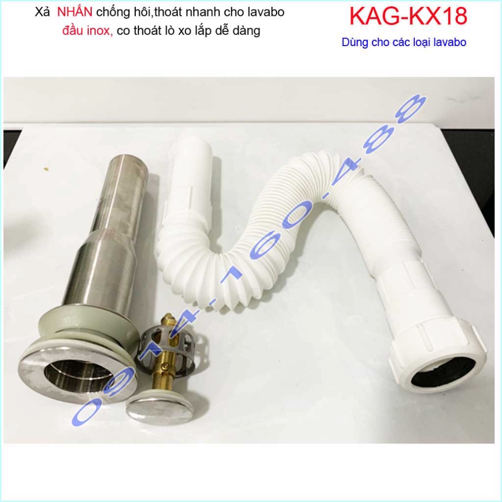 Xả lavabo nhấn Kace KAG-KX18, bộ xả inox 304 ống thải ruột gà cho chậu rửa mặt sứ hiệu suất sử dụng 