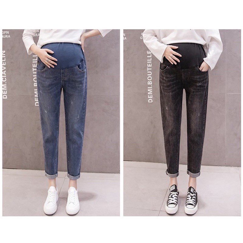 Quần Bò Bầu, Quần Jeans Bầu Hàng Mềm Đẹp Loại 1, có đáp bụng chun chỉnh, xước