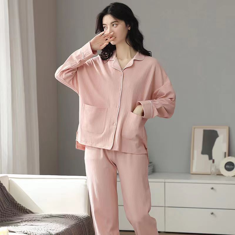 Bộ Đồ Ngủ Tay Dài Chất Liệu Cotton Dáng Rộng Phong Cách Hàn Quốc Thời Trang Xuân Thu Cho Nữ Size M-4xl