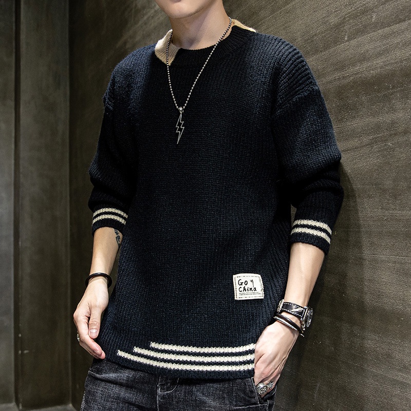Áo len nam cao cấp tay vá gấu cá tính, Áo len nam phối màu trẻ trung thời trang hàn quốc -1996 BLUE