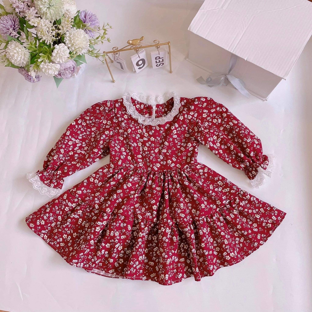 Váy thu đông dài tay cho bé gái từ 7-40kg chất nhung tăm lỳ màu đỏ hoa nhí ren trắng viền cổ và tay