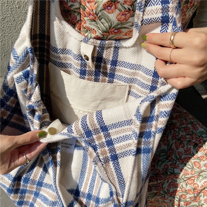 Túi Xách Canvas Họa Tiết Sọc Caro Màu Tương Phản Thời Trang Cho Nữ