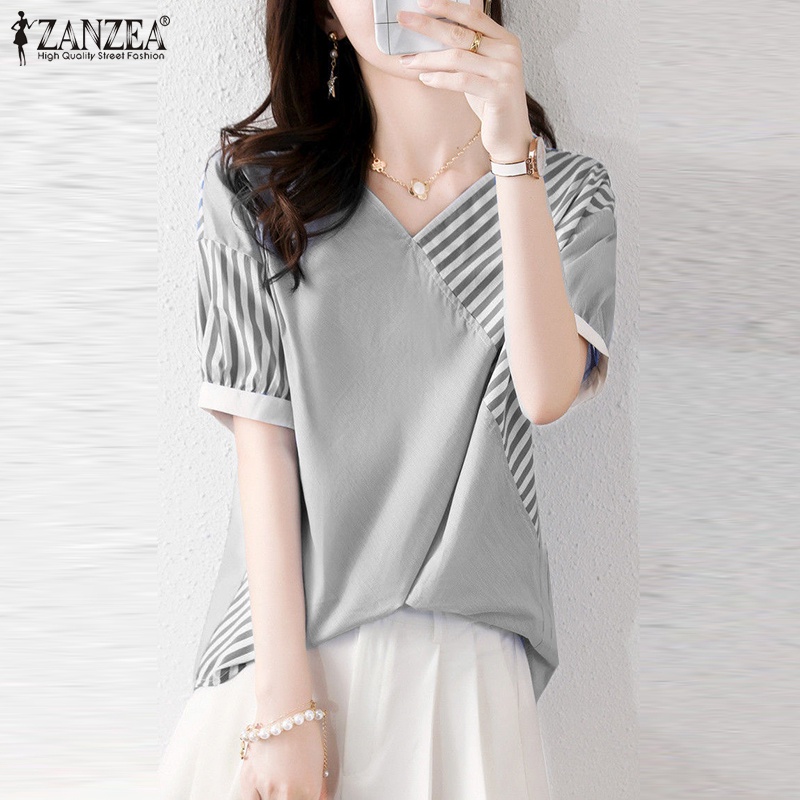 ZANZEA Áo Nữ Tay Ngắn Cổ Chữ V Họa Tiết Sọc Thời Trang