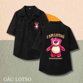  Áo Sơ Mi Tay Ngắn BEAVER Hoạ Tiết GẤU LOSTO Cổ Vest Thời Trang Unisex Vải Lụa Chéo 