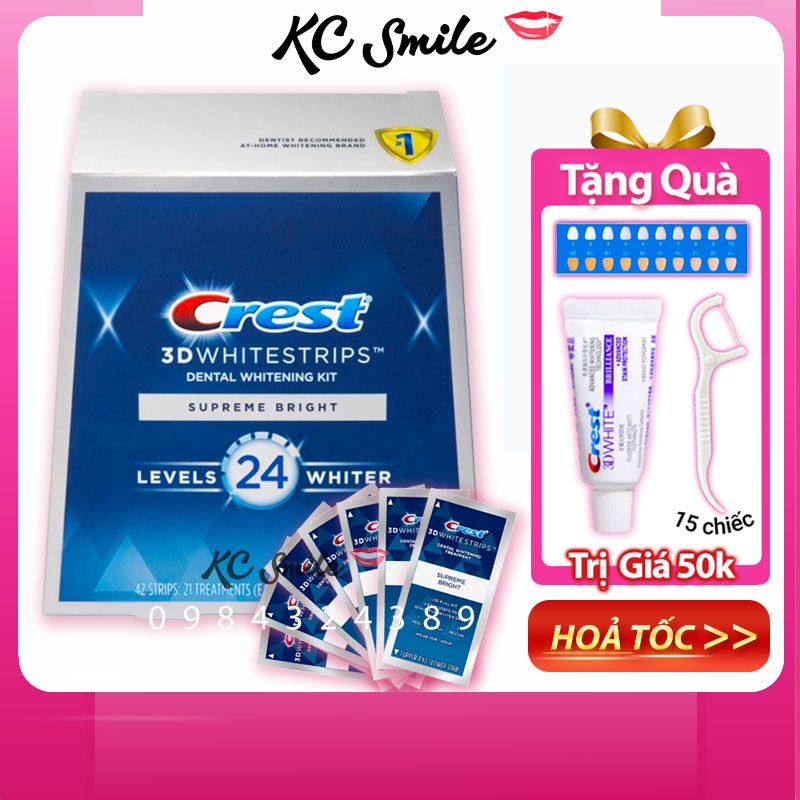FullBox hộp 21 Gói Miếng dán trắng răng Crest 3D White Supreme FlexFit (Bright) - Độ làm trắng răng cao