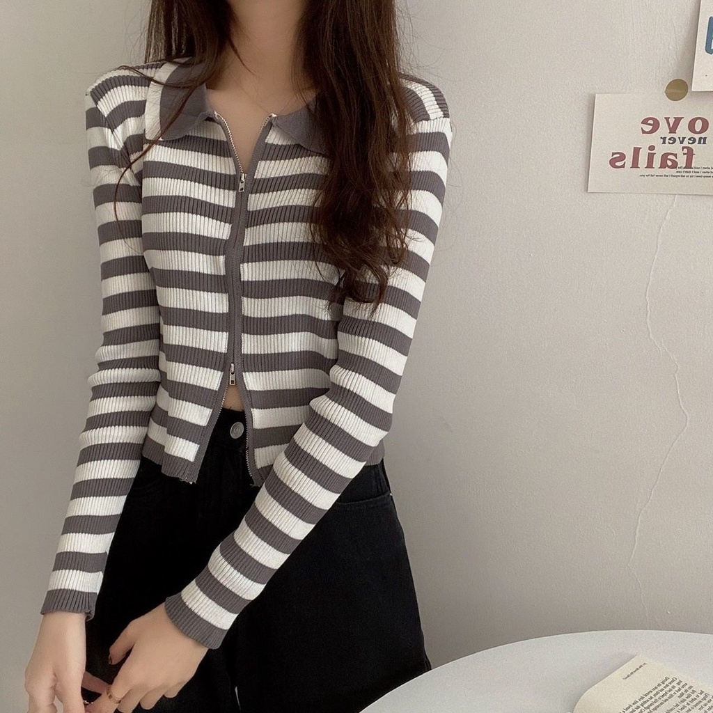 Áo Cardigan Ngắn Dệt Kim Tay Dài Có Khóa Kéo Phong Cách Hàn Quốc Thời Trang Mới 2022 Dành Cho Bạn Nữ