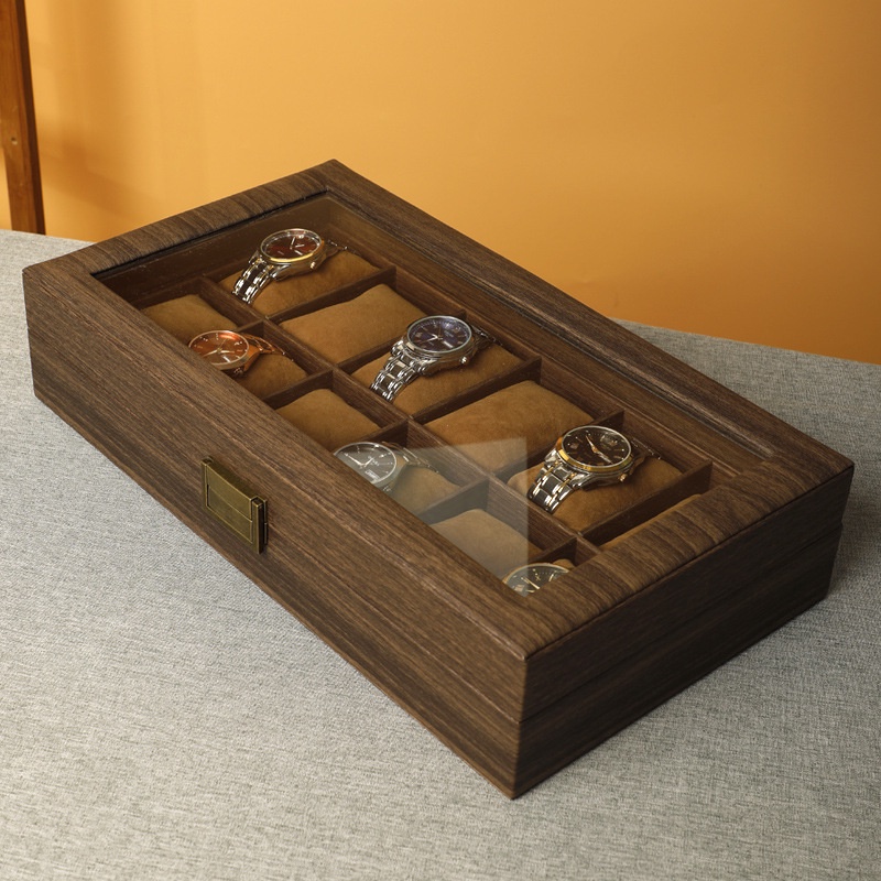 Hộp khay đựng đồng hồ bằng gỗ bọc da có nắp đậy cao cấp, sang trọng