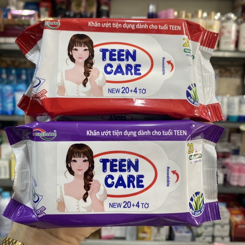 Khăn ướt Teen Care hương dịu nhẹ hồng/tím/đỏ 20 miếng + 4 miếng