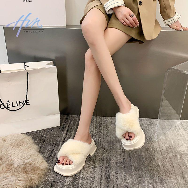 Dép Quai Ngang Đế Dày Phối Lông Thời Trang Thu Đông 2022 Mới Cho Nữ