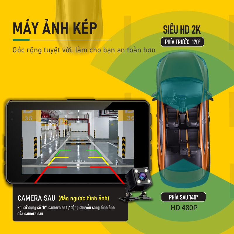 Asawin A12S Camera hành trình ống kính kép Mặt trước và mặt sau Cho Camera ô tô Chế độ đỗ xe 24H WDR HDR IPS 3 inch Tầm nhìn ban đêm | BigBuy360 - bigbuy360.vn