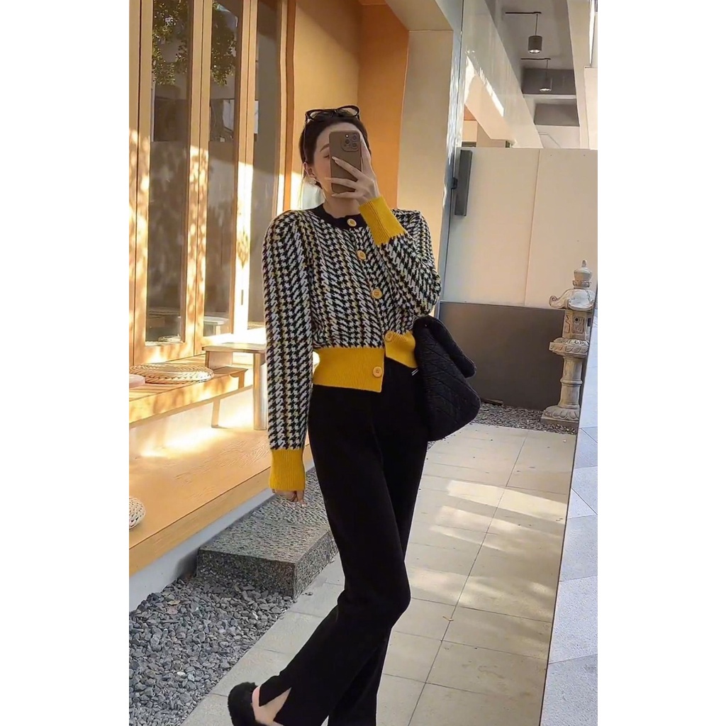 (55KG.LINH - HÀNG SẴN) Áo len croptop cổ tròn tay dài phối màu thời trang