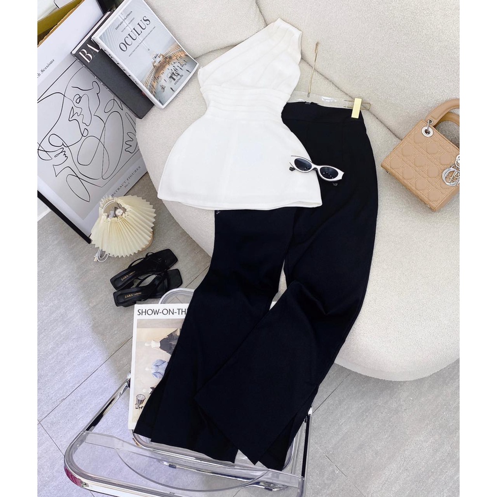SET ÁO TRẮNG LỆCH VAI XẾP LY BO EO + QUẦN ĐEN XẺ LAI