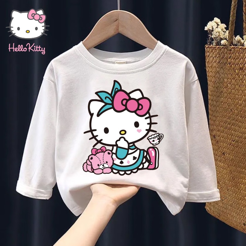 Áo Thun Tay Dài In Hình Mèo Hello Kitty Dễ Thương Thời Trang Thu Đông Cho Bé Gái
