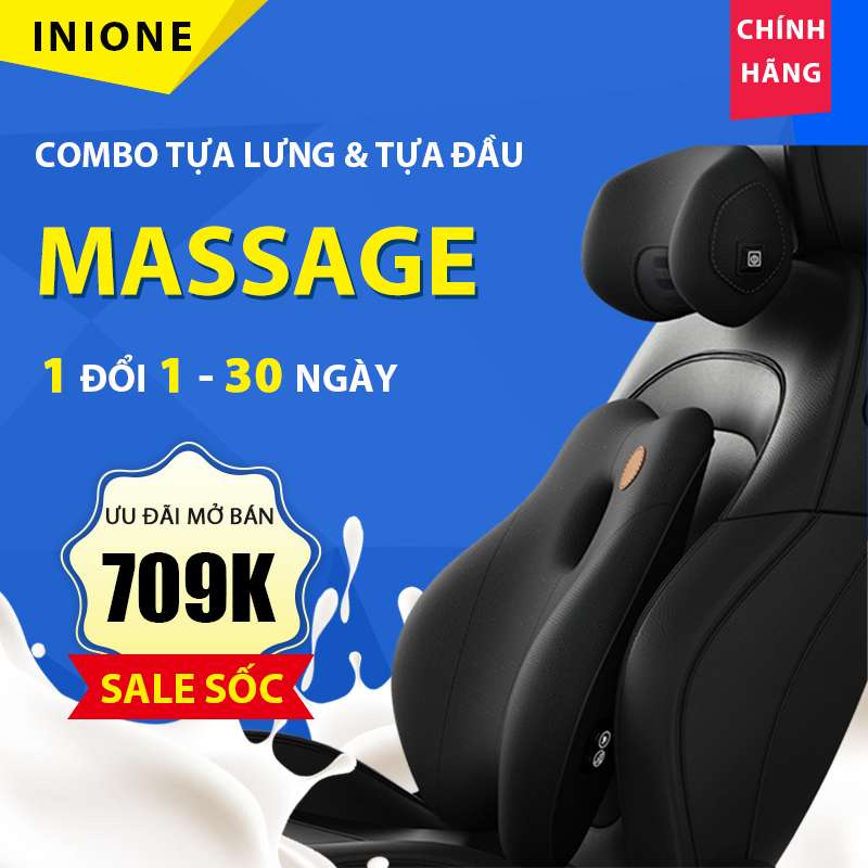 Combo Gối Tựa Lưng & Tựa Đầu Ô Tô Tích Hợp Massage 6 Chế Độ, Gối Cao Su Non, Giảm Đau Mỏi Cổ Vai Gáy Cột Sống - Inione