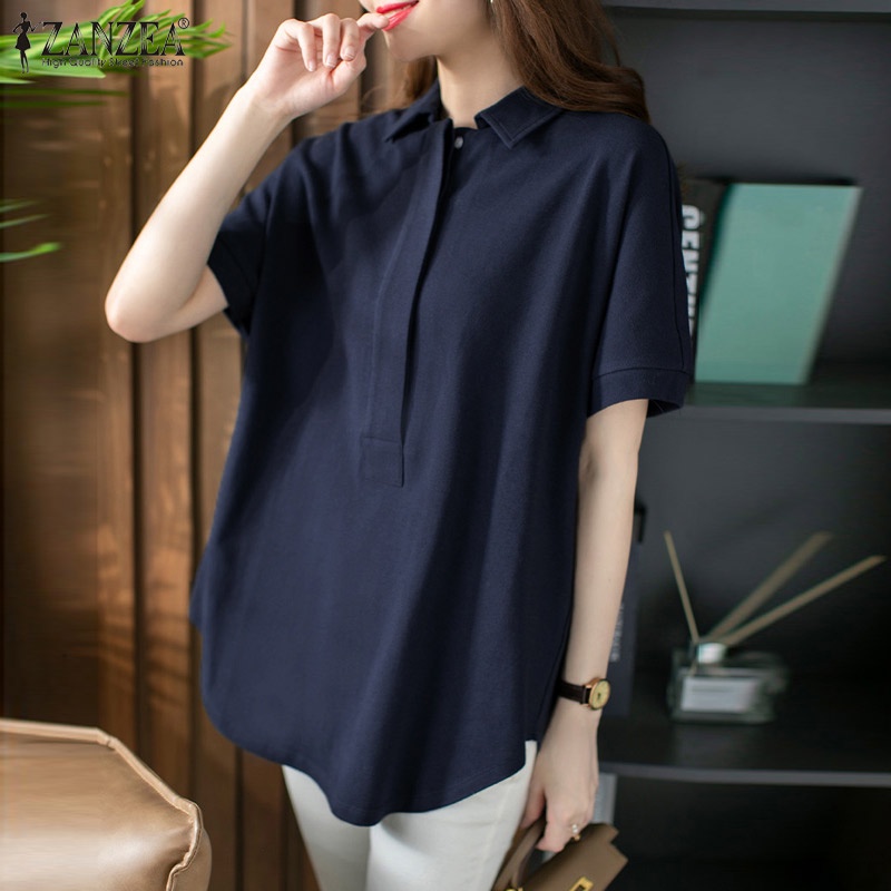 Áo kiểu nữ ZANZEA tay ngắn màu trơn phong cách Hàn Quốc