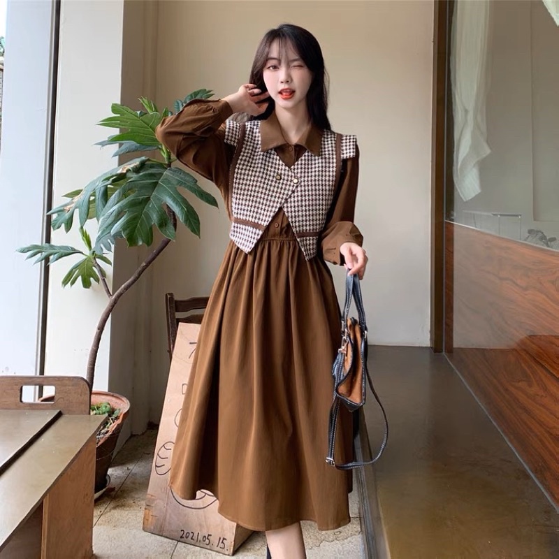 (Hàng order ) Set áo gile phối váy cổ sơ mi kèm Ảnh Thật