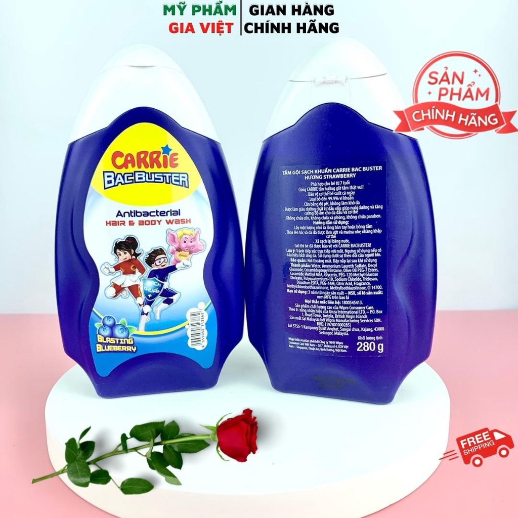 Sữa tắm gội sạch khuẩn Carrie Junior Bacbuster hương Blueberry/Strawberry chai 280g