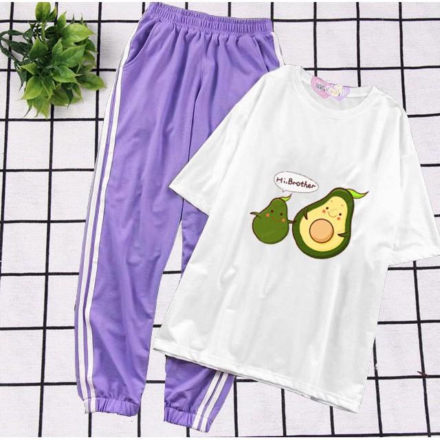 Bộ Đồ Quần Áo Nữ Mặc Đi Chơi Dạo Phố Mặc Ở Nhà Mùa Hè, Áo Phông Cotton In Anh Em Quả Bơ Kèm Quần Thun Bo Chun Gấu